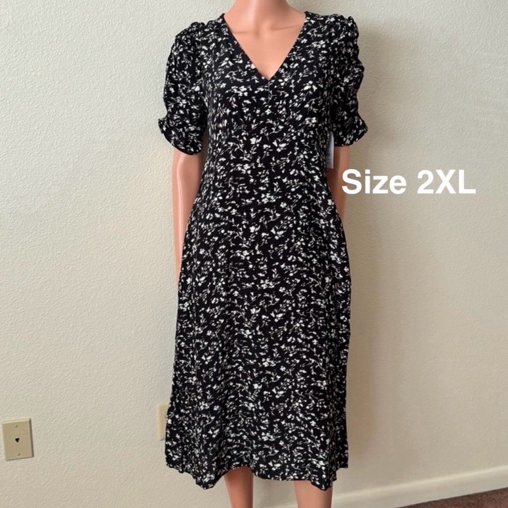 Time and Tru Women's Midi Dress with Ruched Sleeves, Size Large